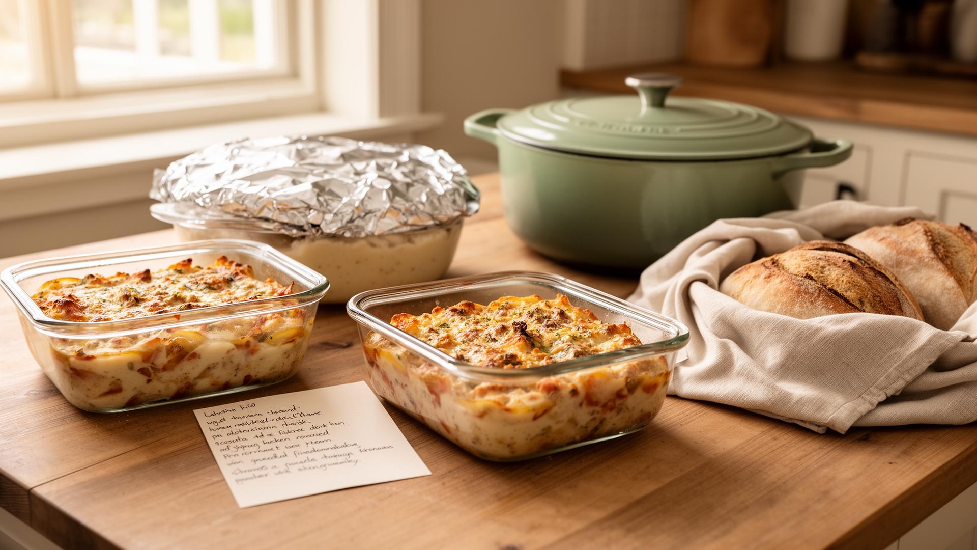 Homemade meals in glass containers and a sage green dutch oven on a wooden counter, ready to be delivered to a friend.